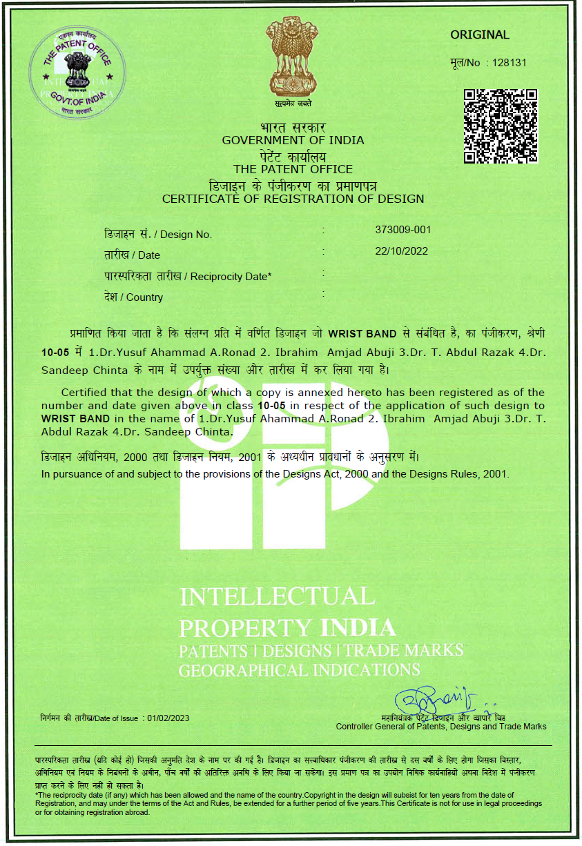 Patent Certificate - Dr. T. Abdul Razak