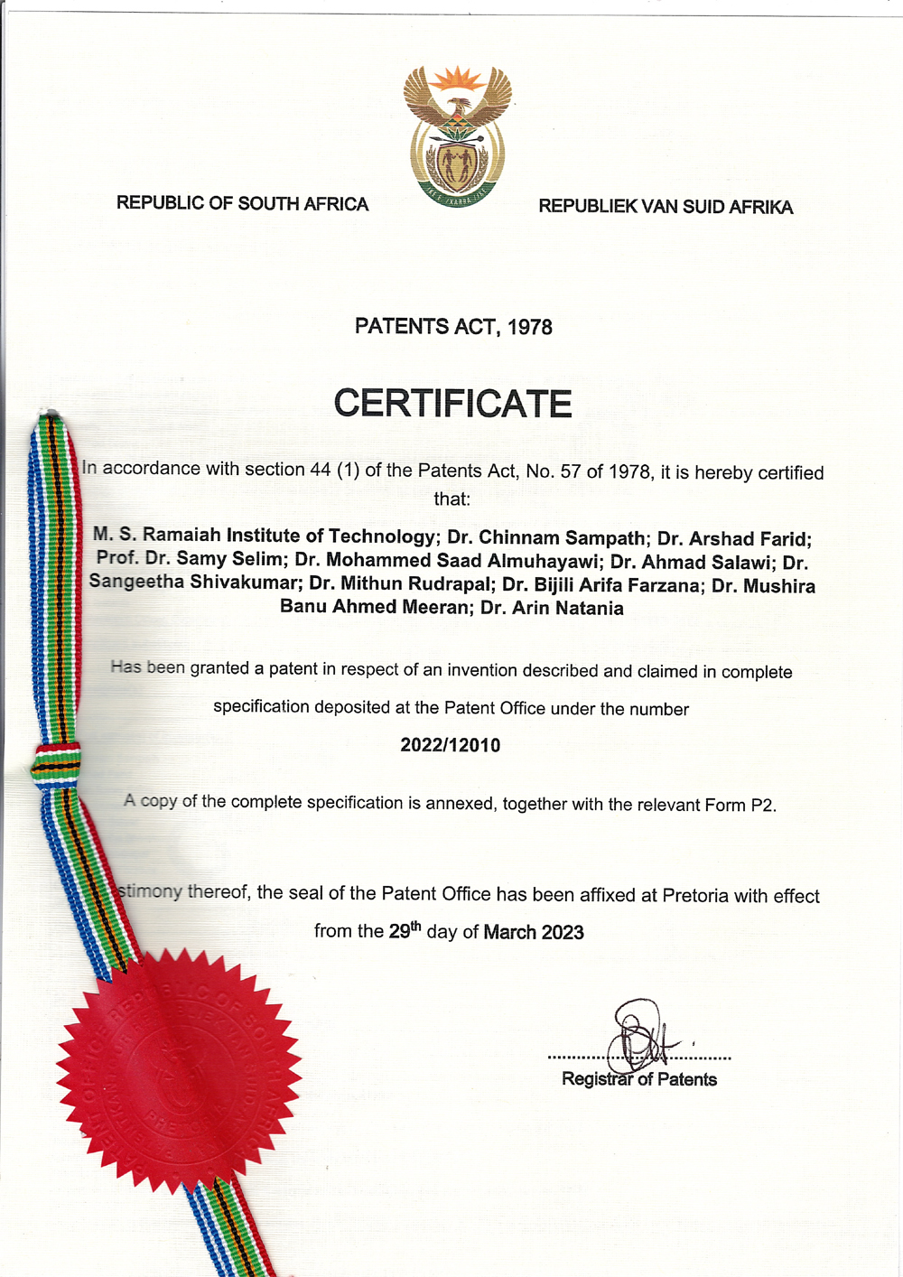 Patent Certificate - Dr. B. Arifa Farzana & Dr. A. Mushira Banu